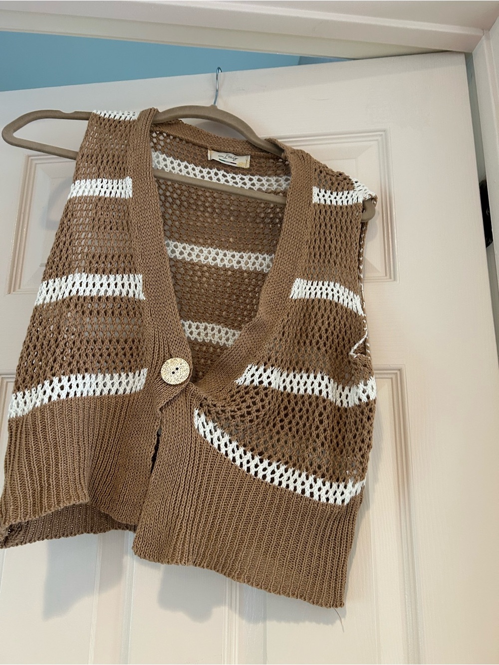 Mocha and White Striped Open-Knit Button Vest